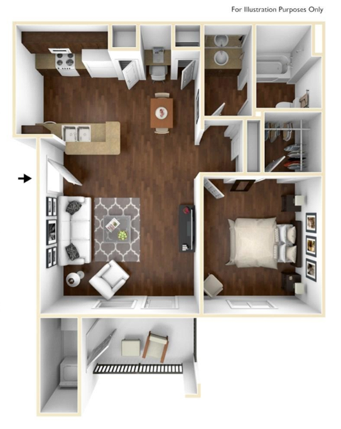 Floor plan for 1 bed, 1 bath, 769 sqft